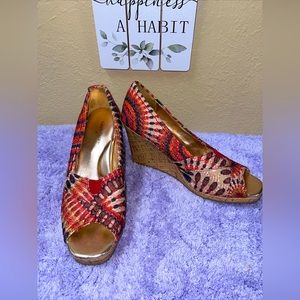 Faded Glory Peep Toe Womens Cork Wedge Multicolor Wearable Art Shoes Size 10 EUC